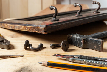 restore old furniture and tools, image close-up.
 - obrazy, fototapety, plakaty