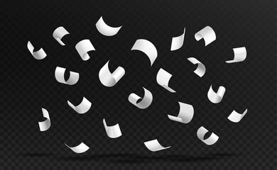 Flying paper set. Collection of white sheets on copy space. Confetti and holiday decoration. Party, festive and event. Cartoon realistic vector illustrations isolated on transparent background