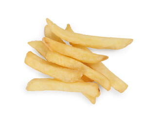 Delicious fresh french fries on white background, top view