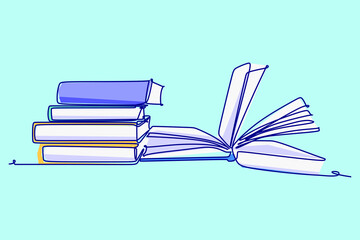 Simple colored continuous line drawing of a stack of book. Education concept design vector illustration isolated on blue background