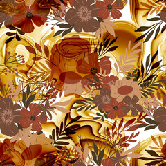 Floral abstract fall flower seamless pattern. Flower seamless background. Yellow and brown  flowers. Abstract autumn line art drawing. Botanical fall seamless pattern. 