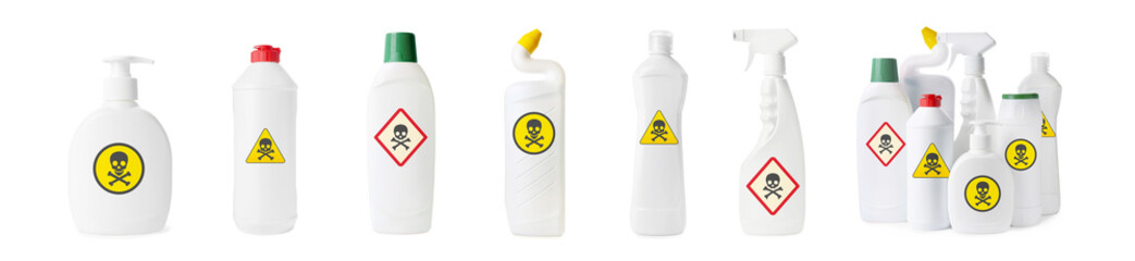 Set with different toxic household chemicals with warning signs on white background. Banner design - obrazy, fototapety, plakaty