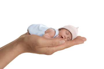 Surrogacy concept. Woman holding adorable newborn baby on white background, closeup