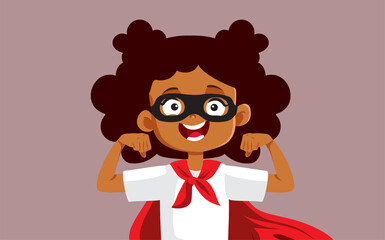 Happy Superhero Girl Flexing her Muscles Vector Cartoon. Funny child engaged in play pretend game wearing a super heroine costume

