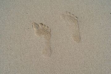 Two footprints of people on the wet sand at low tide.