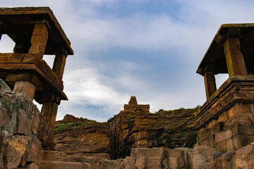 The remnants of pavilions (open mandapas)at Badami, perhaps once part of a Chalukya palace, are...