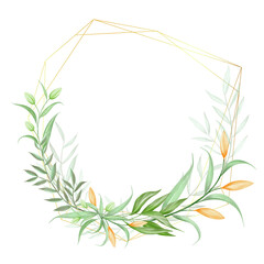 Wreath of flowers watercolor wreath with metallic for wedding invitation card.  tropical green plants isolated on white background.