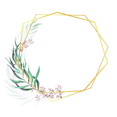 Watercolor wreath with metallic banner. tropical green plants isolated on white background.