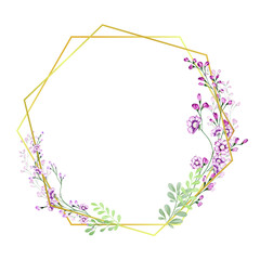 Watercolor wreath with metallic banner. tropical green plants isolated on white background.