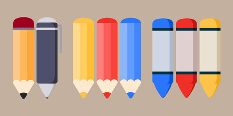 Ołówek, długopis i kolorowe kredki - zawartość szkolnego piórnika. Przybory szkolne, artykuły papiernicze, kreatywność, hobby, narzędzie artystyczne. Powrót do szkoły. - obrazy, fototapety, plakaty