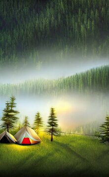 Camping In The Great Outdoors By The Mountains In The Wood Forests Exploring And Experiencing Nature. Summertime Fun Season Scene