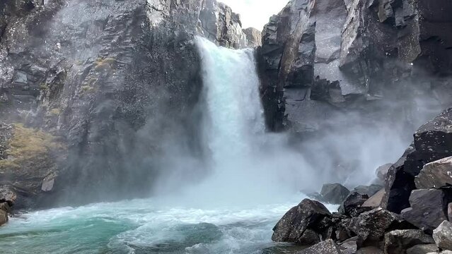 Breathtaking Waterfall in Landscape of Iceland, Slow Motion, Glacial Water and River in Volcanic Canyon