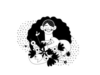 Gift card -Online shopping and electronic commerce series - modern flat vector concept illustration of woman taking gift card from a bunch of flowers. Promotion, discounts, sale, online orders concept