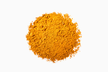 Turmeric powder isolated on white background. Top view
