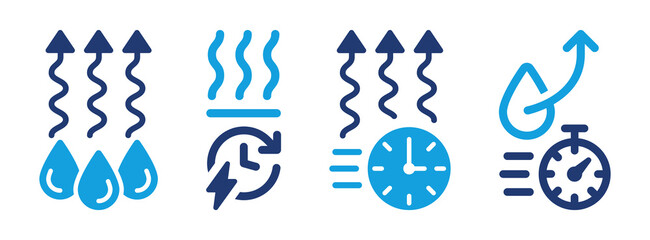 Quick drying icon set. Water drop with clock symbol. Dry fast icon vector illustration.
