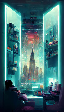 Futuristic Room In Cyberpunk Dystopian New York Illustration