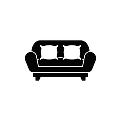 Sofa icon in black flat glyph, filled style isolated on white background