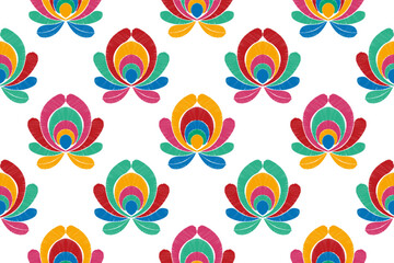 Ikat floral Hungarian polish Moravian folk ethnic seamless pattern design. Aztec fabric carpet boho mandalas textile motif decor wallpaper. Tribal flower native traditional embroidery vector 