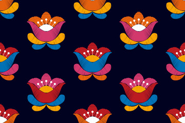 Ikat floral Hungarian polish Moravian folk ethnic seamless pattern design. Aztec fabric carpet boho mandalas textile motif decor wallpaper. Tribal flower native traditional embroidery vector 