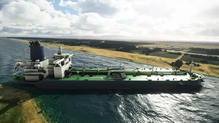Oil tanker grounded in Suez Canal. Animation shows a big ship stuck sideways in a river. A blocked river due to stranded ship