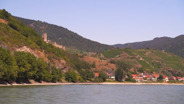 Slow motion view of Danube landscape in Wachau region of Austria