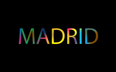 Rainbow filled text spelling out Madrid with a black background 