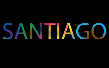 Rainbow filled text spelling out Santiago with a black background 