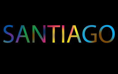 Fototapeta premium Rainbow filled text spelling out Santiago with a black background 