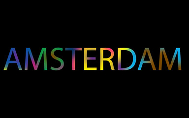 Rainbow filled text spelling out Amsterdam with a black background 