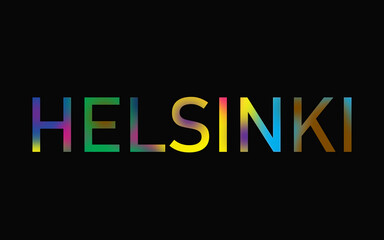 Rainbow filled text spelling out Helsinki with a black background 