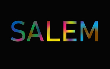 Rainbow filled text spelling out Salem with a black background 