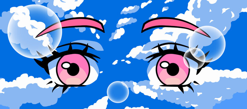 Anime cartoon eyes with long eyelashes on the sky background. Trendy manga print for t-shirt or poster.