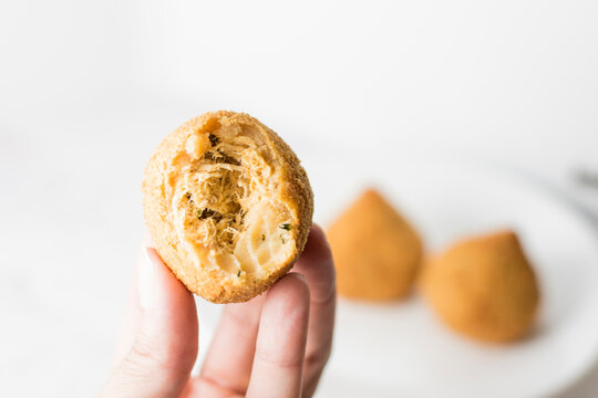 Woman Ready To Eat A Delicious Coxinha - Brazilian Food, Chicken Croquette