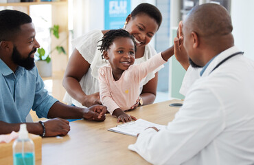 High five, doctor and family with a girl and her parents at the hospital for consulting,...
