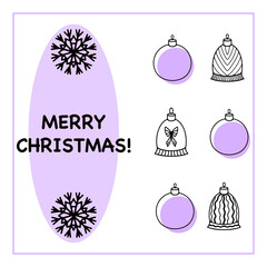 Modern Merry Christmas card with cute Christmas balls and bells to congratulate friends on winter holidays