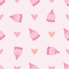 Cute Christmas pattern on a pink background with hearts and bells for factory prints, children's clothing, wrapping paper and gift wrapping.