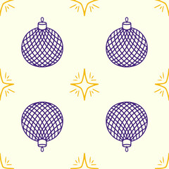 Cute Christmas pattern on a light yellow background with stars and balls for factory prints, children's clothing, wrapping paper and gift wrapping.