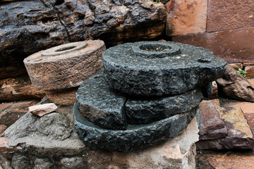 Closeup shot of ancient Indian stone mill.