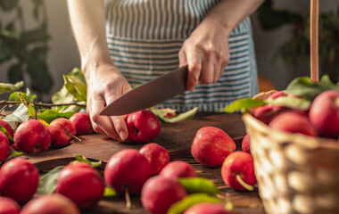 Woman in an apron in the kitchen is cutting appetizing red apples from a fresh harvest. Concept of an autumn cozy atmosphere, cooking dishes from organic healthy apples from own garden