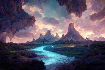 Wall murals Aubergine Great River and Mountain. Beautiful Valley and Plain. Fantasy Backdrop. Concept Art. Realistic Illustration. Video Game Background. Digital Painting. CG Artwork. Serious Painting. Book Illustration. 