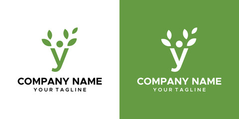 a Y-themed graphic image, people and leaves, on a green and white background. vector graphics base.