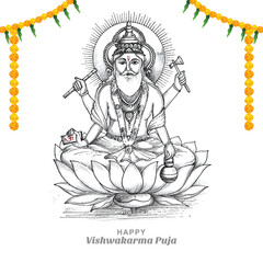 Hand draw hindu god vishwakarma sketch and vishwakarma puja holiday background
