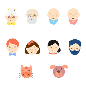 family grandmother, grandfather, husband, wife, son, daughter, grandson, granddaughter, dog, cat. Vector