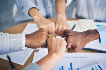 Team, business and hands in fist bump motivation for diversity, collaboration and teamwork for project innovation. Group of corporate workers in agreement for market plan in hand gesture at office.