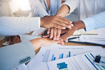 Team building, teamwork and business people hand stack together for motivation for sales goals and...
