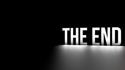 The word THE END.White neon THE END concept on black background with copy space.3D render