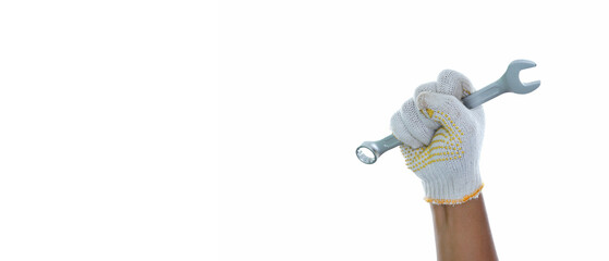 Hand wearing white gloves holding combination wrench isolated white background with copy space