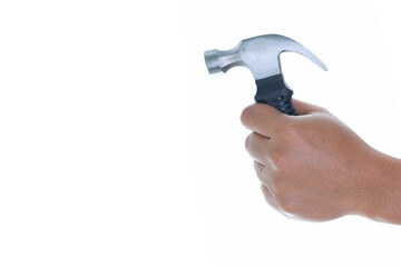 Hand holding yellow black short claw hammer isolated white background with copy space