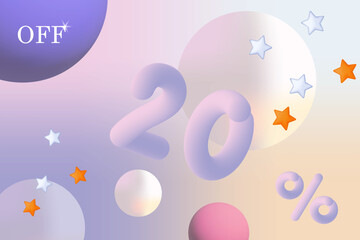 20 off, bonus percent, sales discount. Big cashback, advantageous percentage, holiday gifts. Advertising campaign, selection of a profitable discount, space vector, abstract banner 3d, dusty galaxy