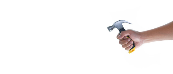 Hand holding yellow black short long claw hammer isolated white background with copy space